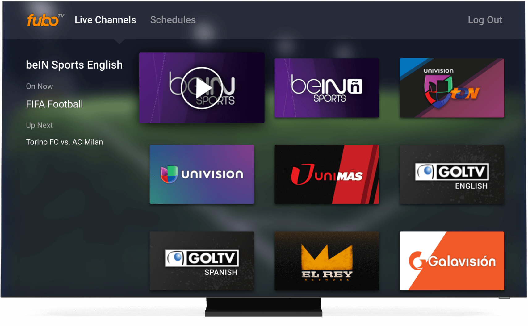 fubo TV-startsk&aelig;rm p&aring; et smart TV.